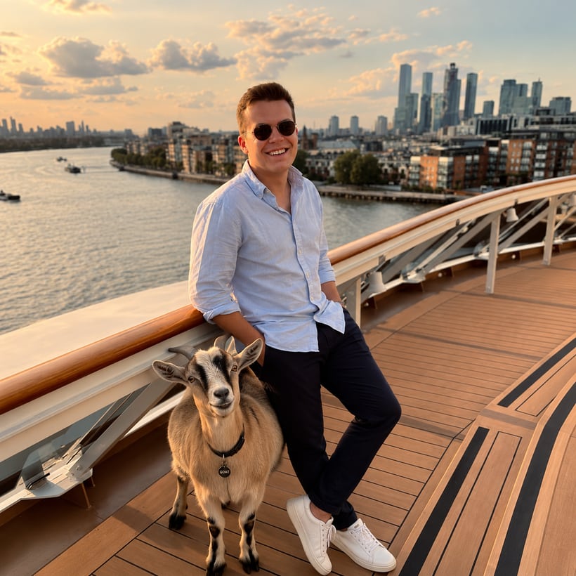 Alex Norris on a deck at sunset with a goat beside him