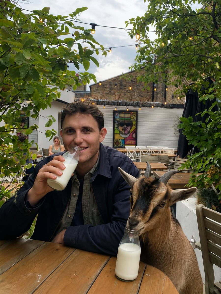 Billy Lord sharing a bottle of milk with a goat at an outdoor table