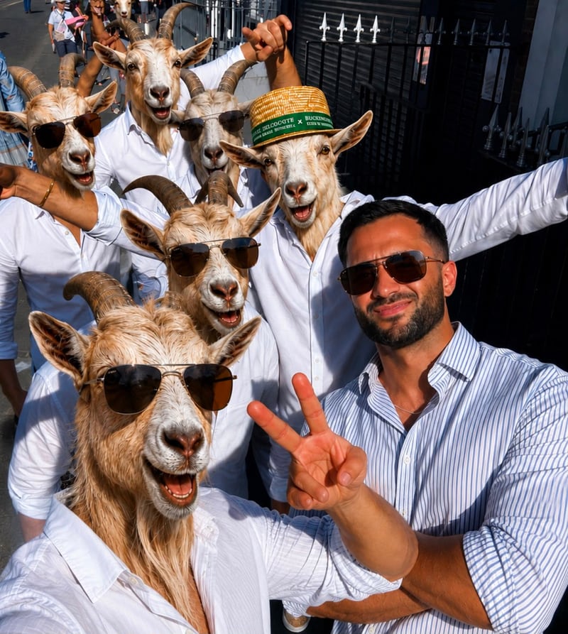 Haris Hussain with a crew of sunglasses-wearing goats