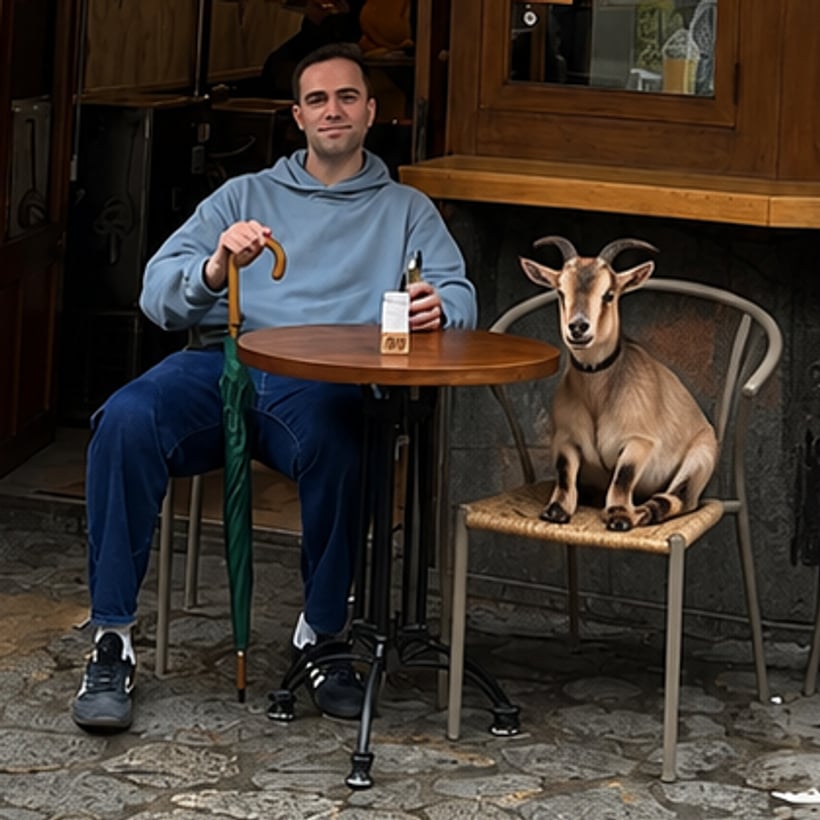 Jack Brewer at a bar with a goat on the chair beside him