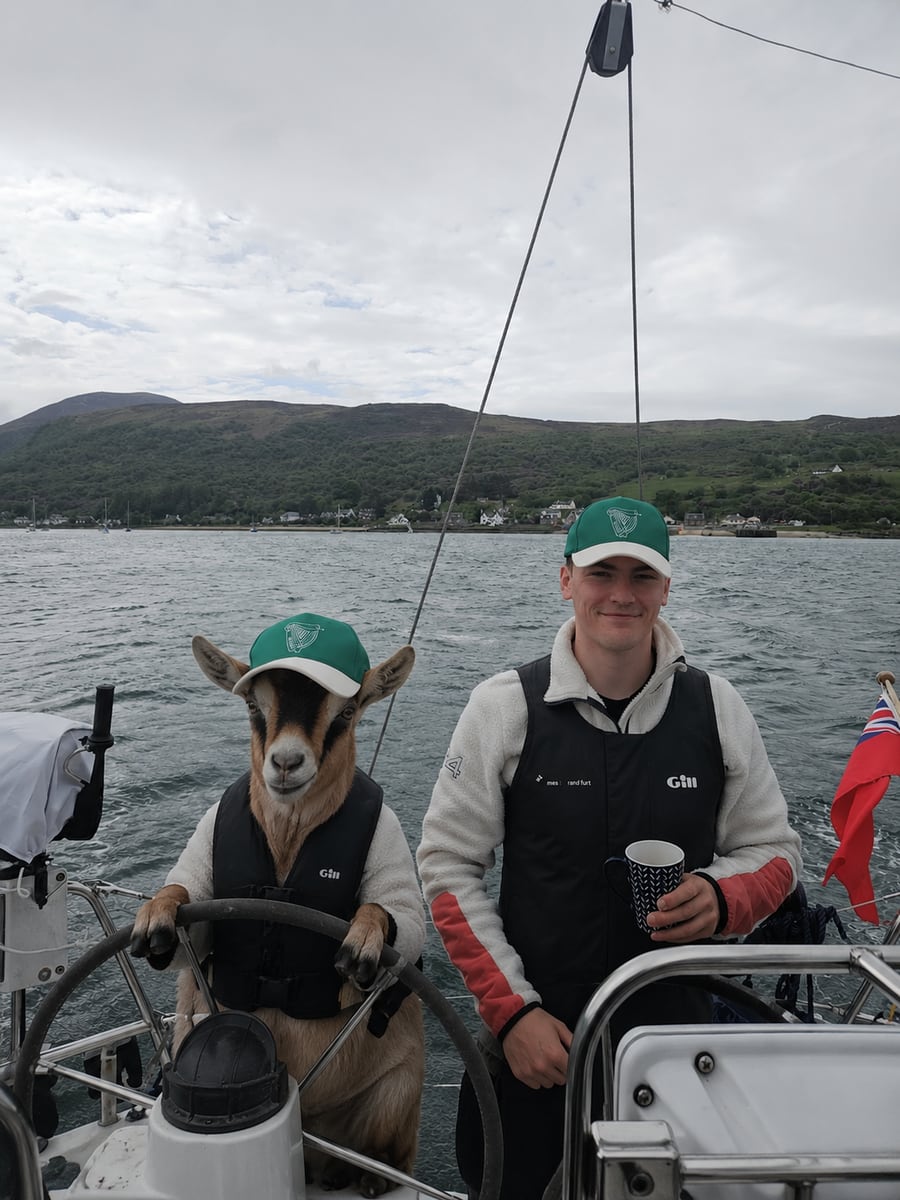 Matt Lulham-Robinson sailing with a goat at the helm
