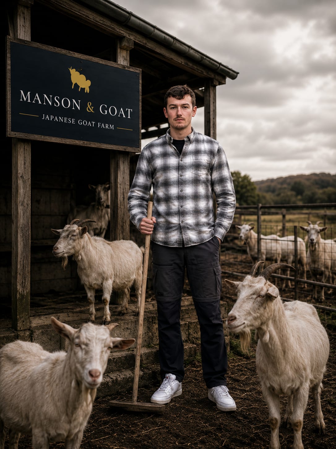 Moe Manson standing among his herd at the Manson & Goat Japanese Goat Farm